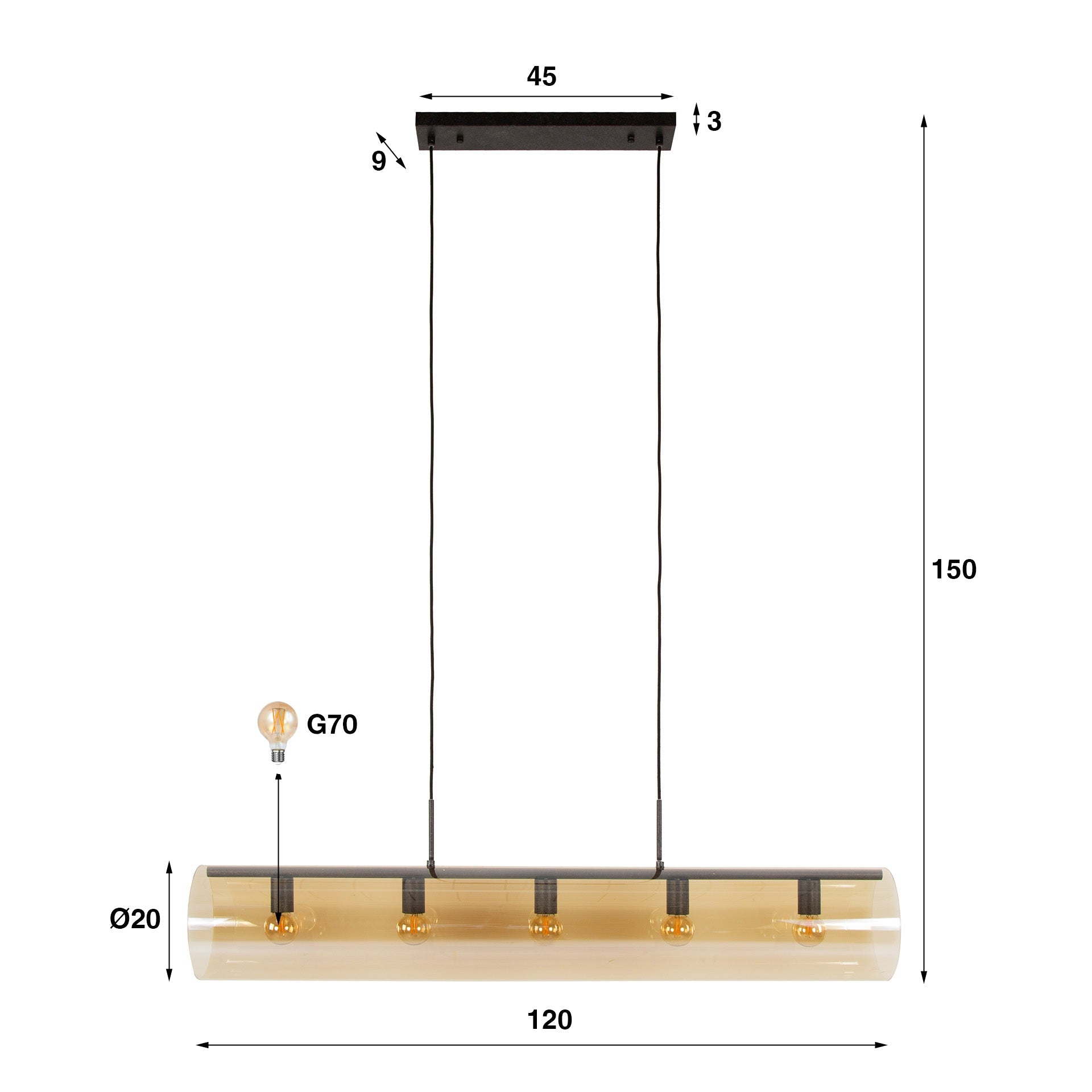 Pendelleuchte Solvira – Mit 5 Leuchten In Horizontalem Tube‑Amberglass Design