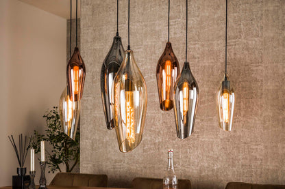 Thalira Pendelleuchte – 7 Glasschirme in Bernstein, Kupfer und Chrom
