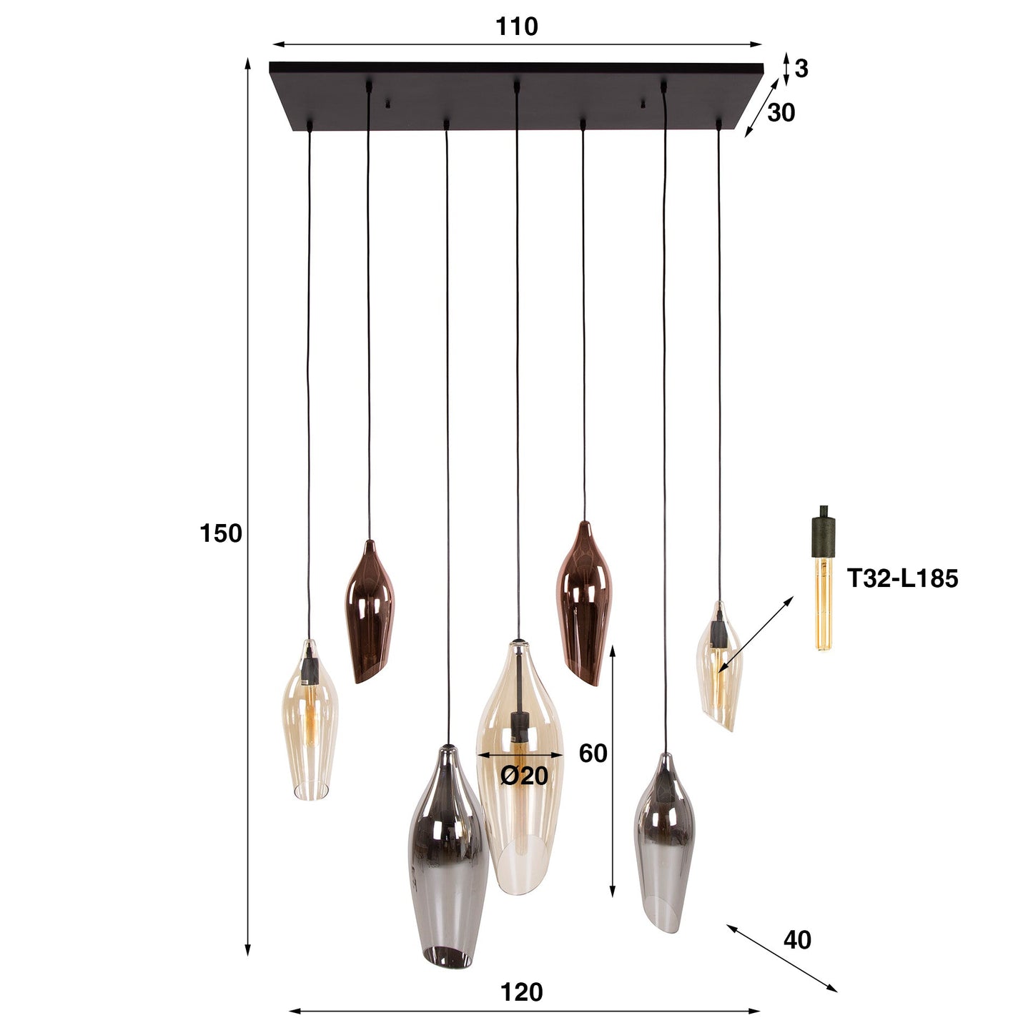 Thalira Pendelleuchte – 7 Glasschirme in Bernstein, Kupfer und Chrom