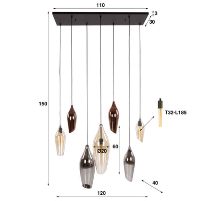 Thalira Pendelleuchte – 7 Glasschirme in Bernstein, Kupfer und Chrom