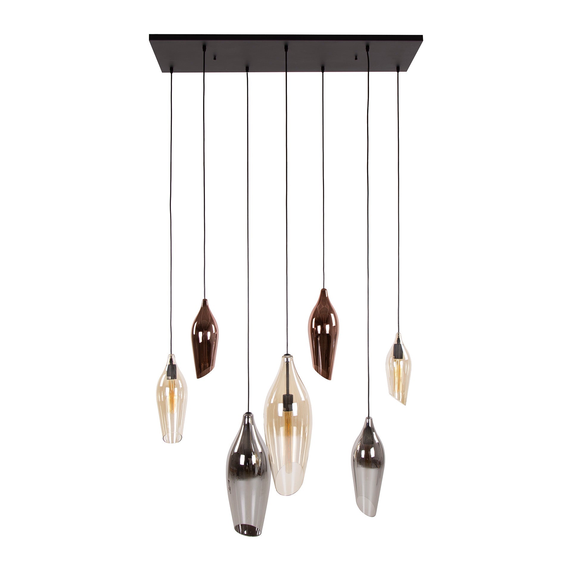 Thalira Pendelleuchte – 7 Glasschirme in Bernstein, Kupfer und Chrom