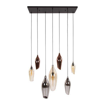 Thalira Pendelleuchte – 7 Glasschirme in Bernstein, Kupfer und Chrom