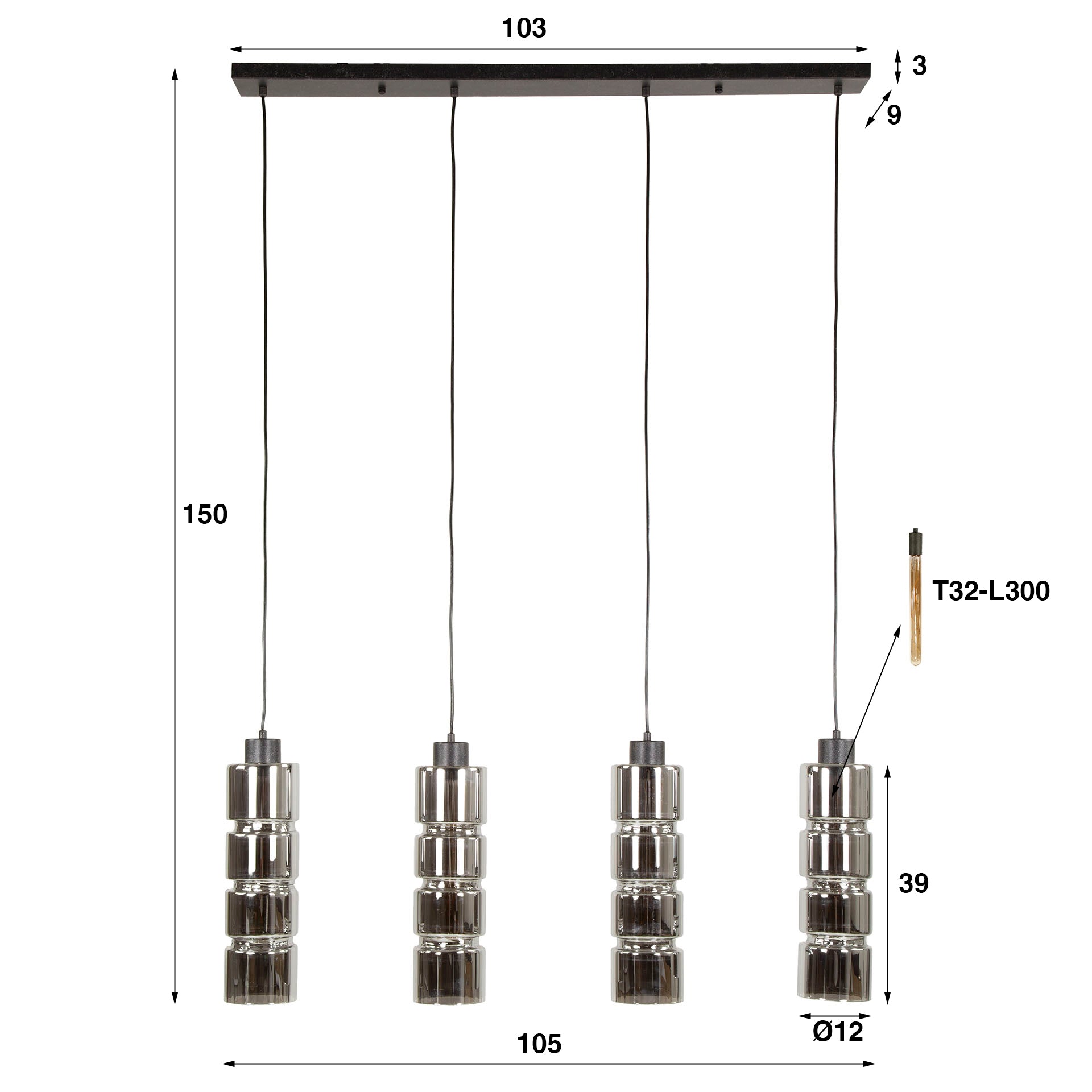 Navaro Pendelleuchte – 4 Verchromte Glaslampen in Zylinder-Form