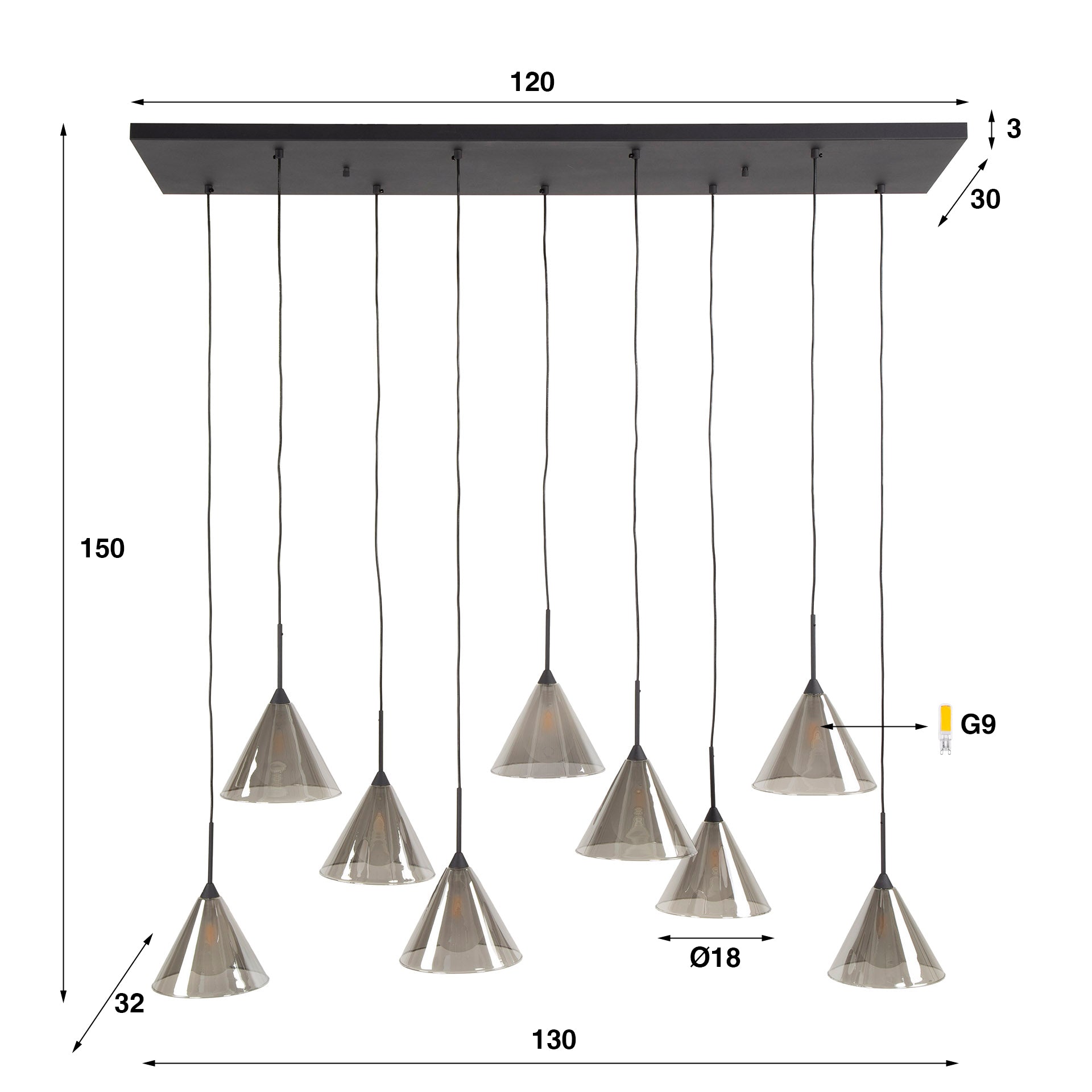 Elunara Pendelleuchte Konisches Rauchglas 9‑Leuchten 150 cm Höhenverstellbar