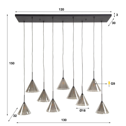 Elunara Pendelleuchte Konisches Rauchglas 9‑Leuchten 150 cm Höhenverstellbar