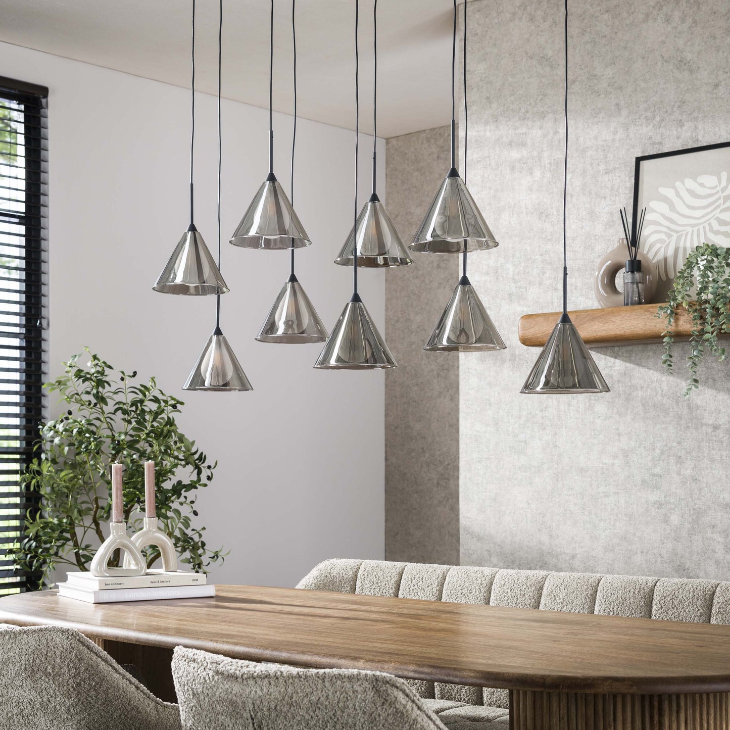Elunara Pendelleuchte Konisches Rauchglas 9‑Leuchten 150 cm Höhenverstellbar