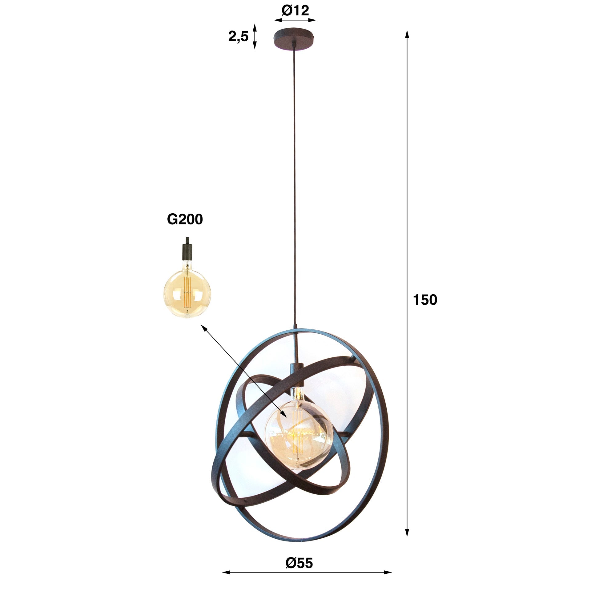 Luxusbetten24 Orvion Pendelleuchte Metall Schwarz Sphären‑Design 1‑Leuchte Deckenlampe