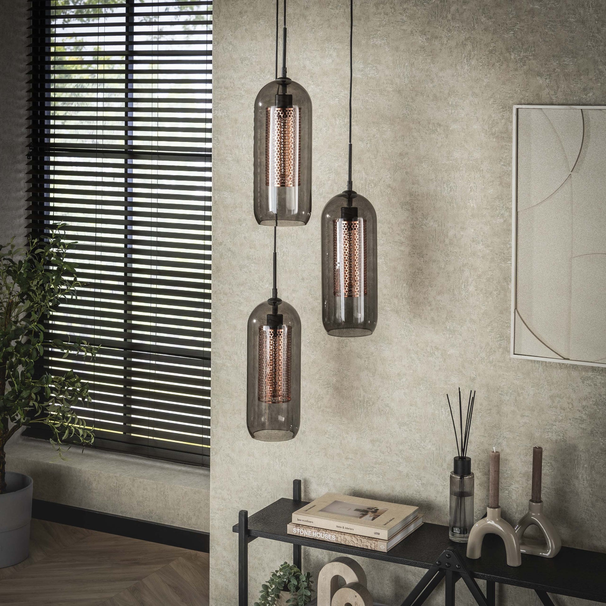 Pendelleuchte Talvira – Gestuft mit 3 Leuchten im Rauchglas-Mesh-Design