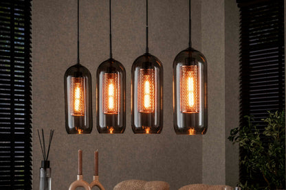 Luxusbetten24 Rivella Pendelleuchte Rauchglas‑Mesh‑Design mit 4 Leuchten und zylindrischen Kupfergitterschirmen