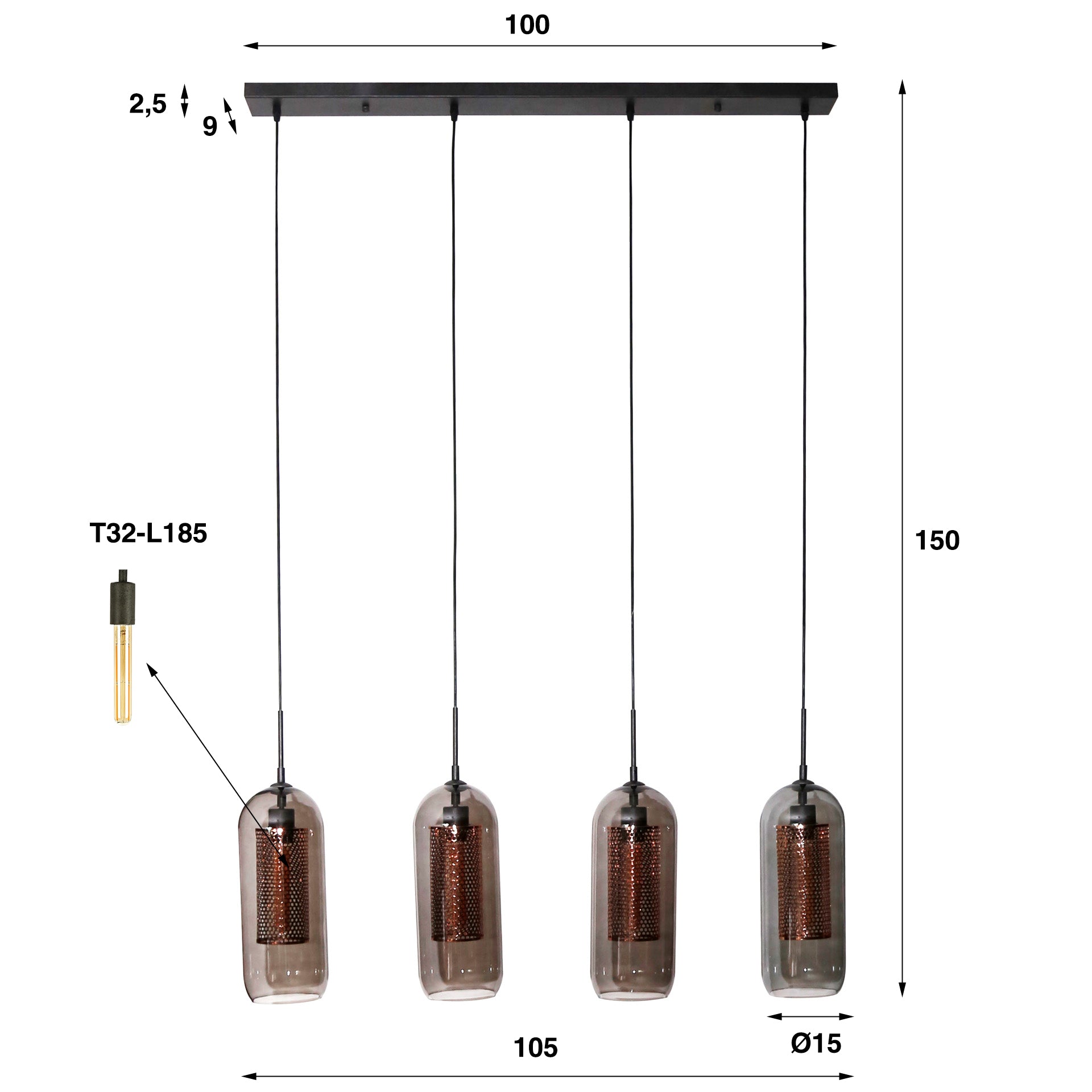 Luxusbetten24 Rivella Pendelleuchte Rauchglas‑Mesh‑Design mit 4 Leuchten und zylindrischen Kupfergitterschirmen