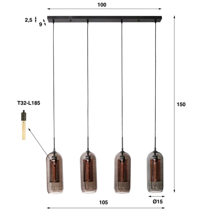 Luxusbetten24 Rivella Pendelleuchte Rauchglas‑Mesh‑Design mit 4 Leuchten und zylindrischen Kupfergitterschirmen