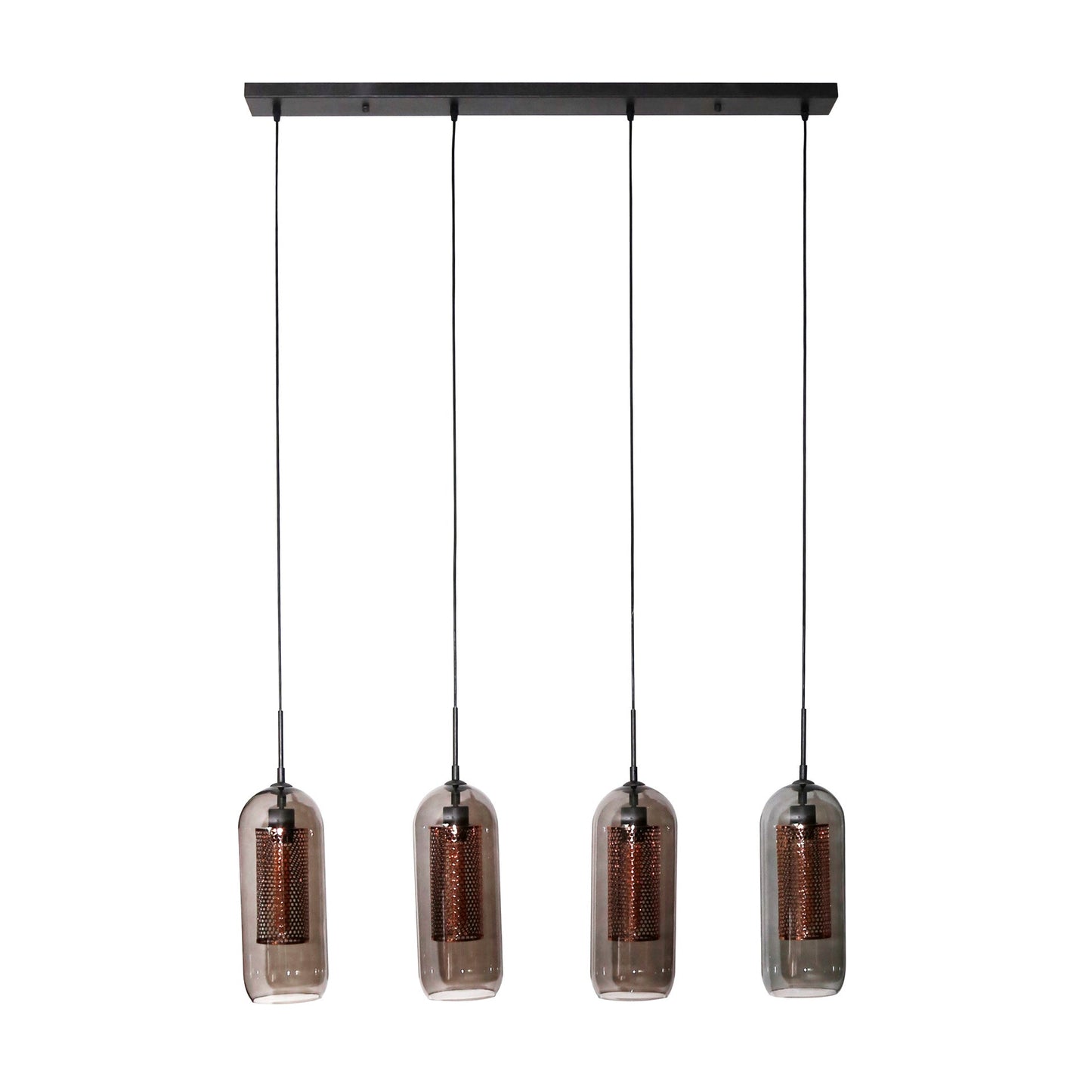 Luxusbetten24 Rivella Pendelleuchte Rauchglas‑Mesh‑Design mit 4 Leuchten und zylindrischen Kupfergitterschirmen