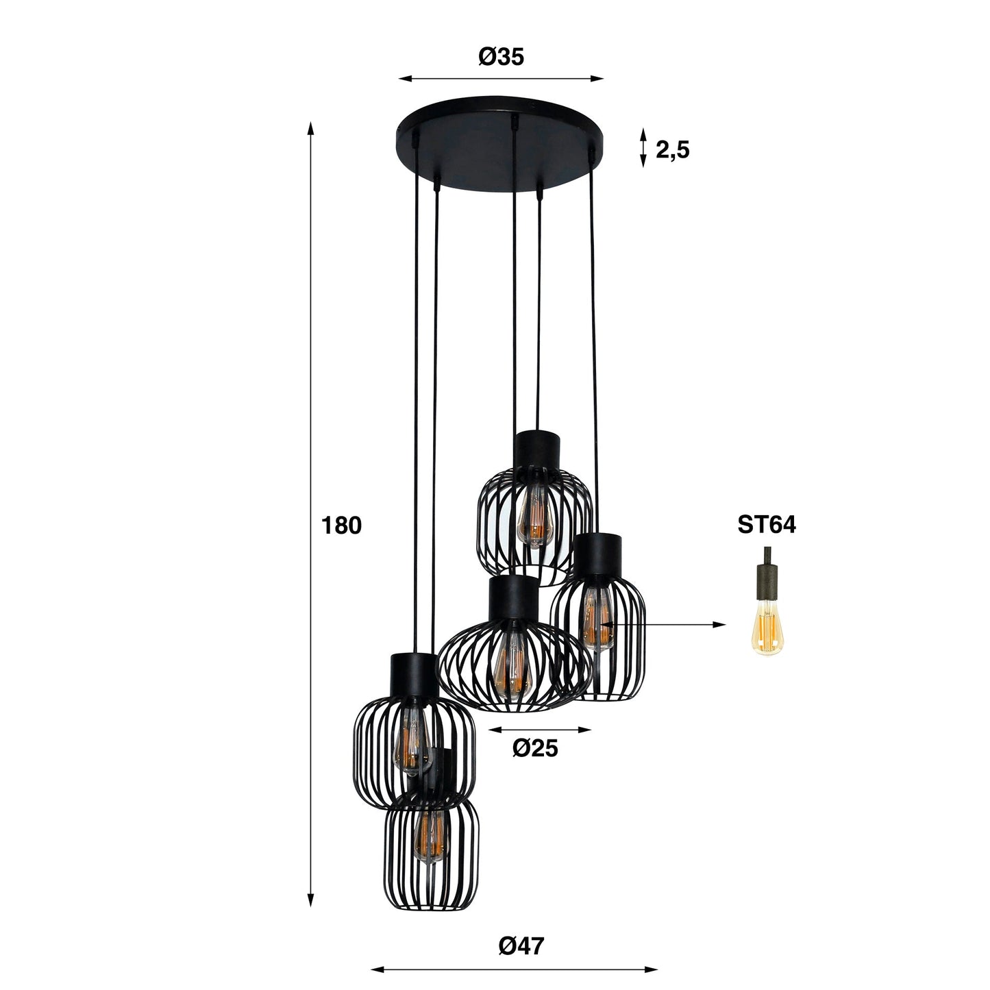 Luxusbetten24 Valeris Pendelleuchte mit 5 Leuchten aus Metallgitter Anthrazit