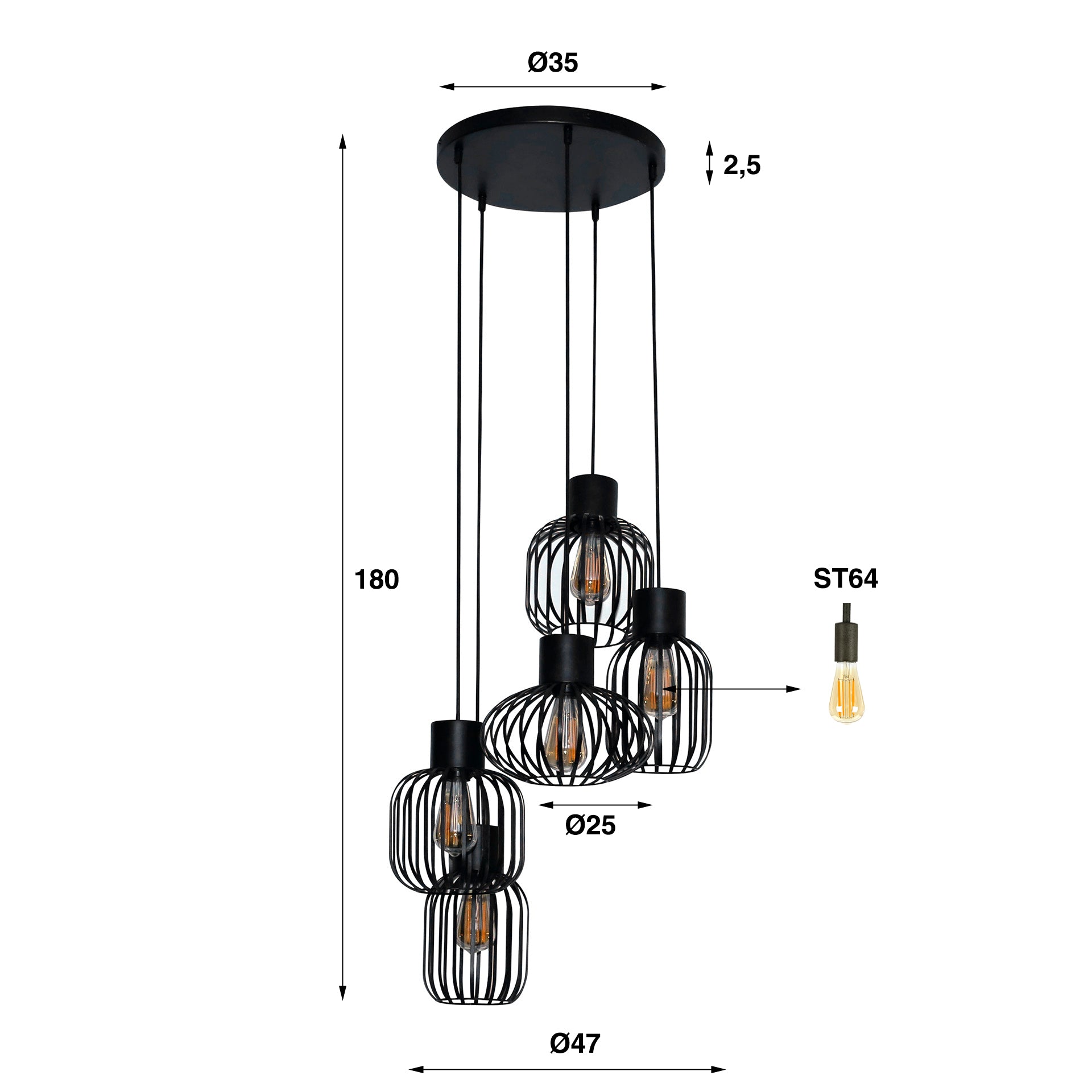 Luxusbetten24 Valeris Pendelleuchte mit 5 Leuchten aus Metallgitter Anthrazit