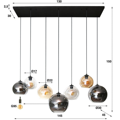 Luxusbetten24 Olivara Pendelleuchte 7‑gläserne Schirme Bernstein Chrom Hellgrau
