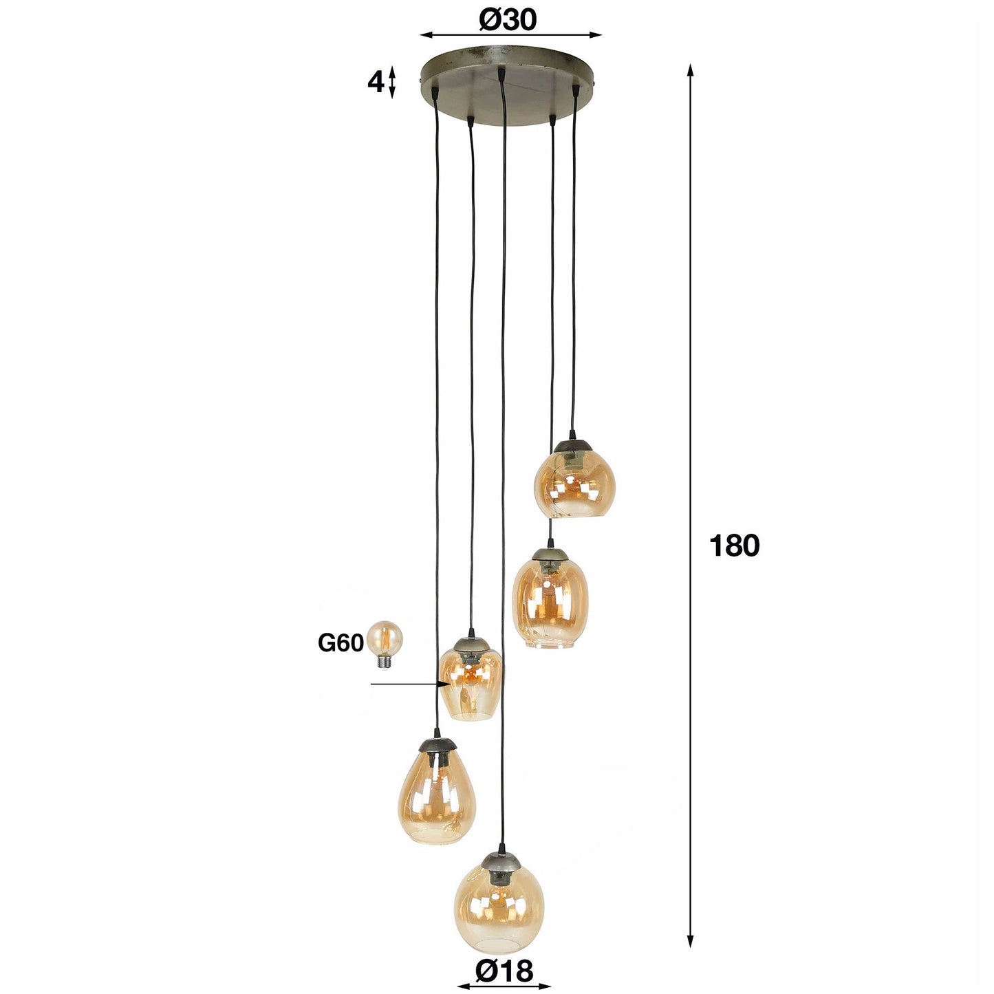 Luxusbetten24 Alaris Pendelleuchte Gestufte 5‑Leuchten Amberfarben Deckenlampe Design