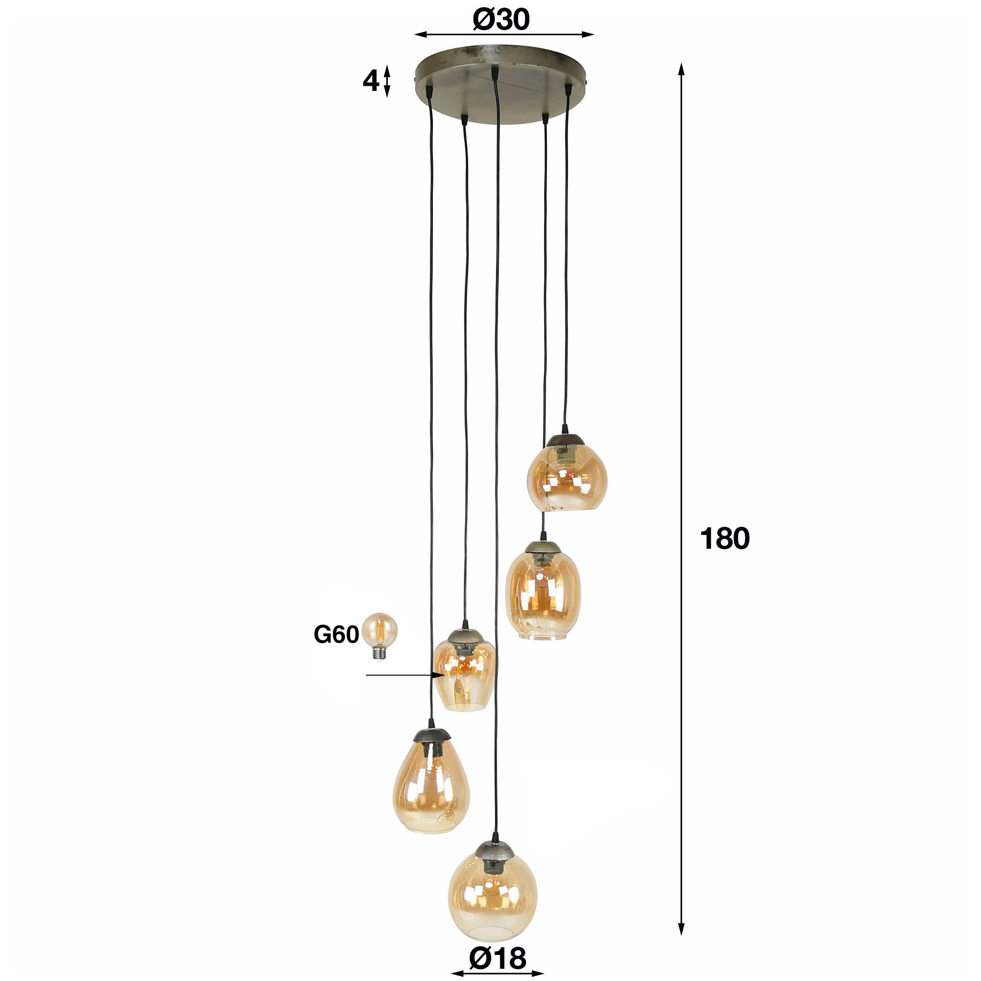 Luxusbetten24 Alaris Pendelleuchte Gestufte 5‑Leuchten Amberfarben Deckenlampe Design