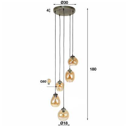Luxusbetten24 Alaris Pendelleuchte Gestufte 5‑Leuchten Amberfarben Deckenlampe Design