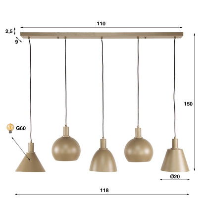 Luxusbetten24 Lumiselle Pendelleuchte, 5‑teilige Metall, Beige oder Bronze