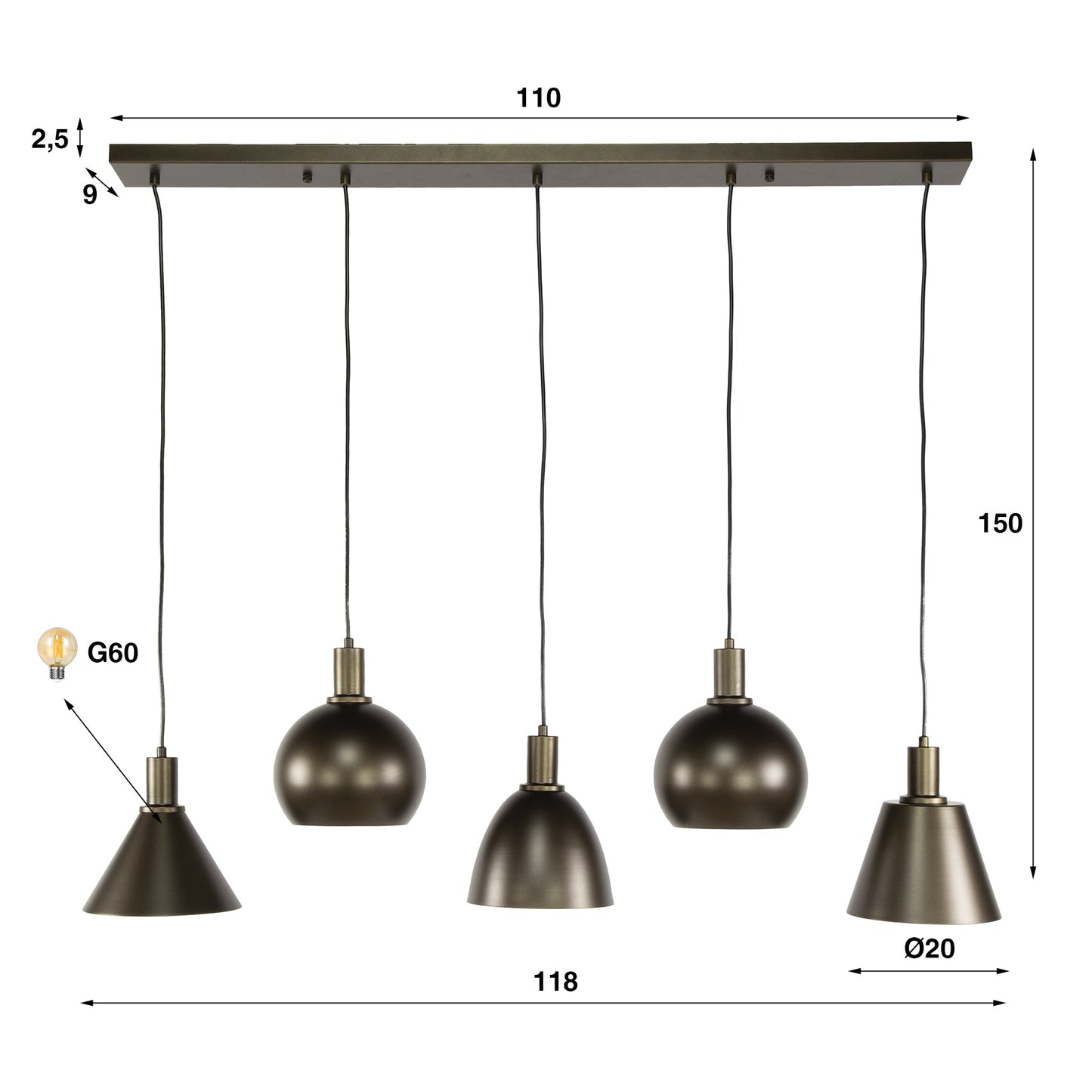 Luxusbetten24 Lumiselle Pendelleuchte, 5‑teilige Metall, Beige oder Bronze