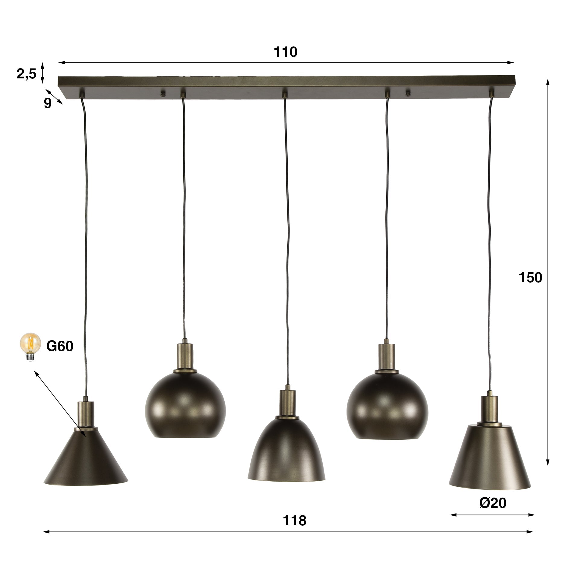 Luxusbetten24 Lumiselle Pendelleuchte, 5‑teilige Metall, Beige oder Bronze