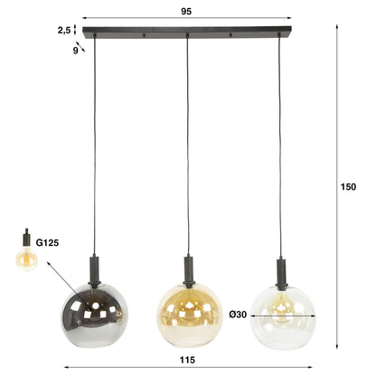 Seralis Pendelleuchte – 3 Glas-Schirme Chrom, Bernstein, Transparent