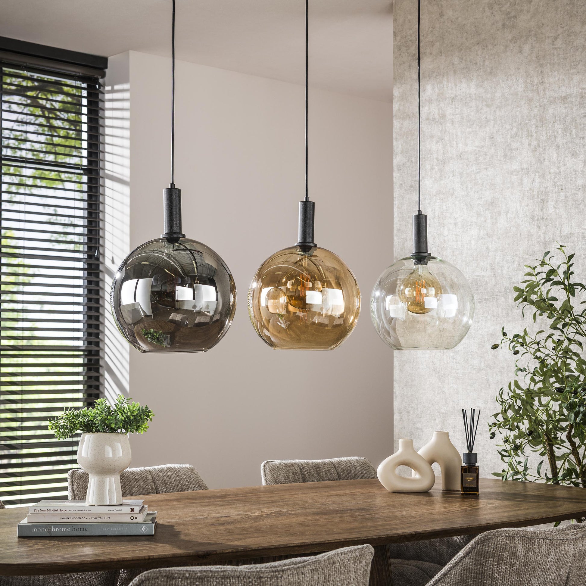 Seralis Pendelleuchte – 3 Glas-Schirme Chrom, Bernstein, Transparent