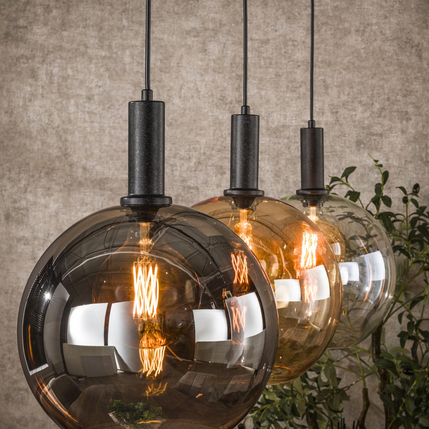 Seralis Pendelleuchte – 3 Glas-Schirme Chrom, Bernstein, Transparent