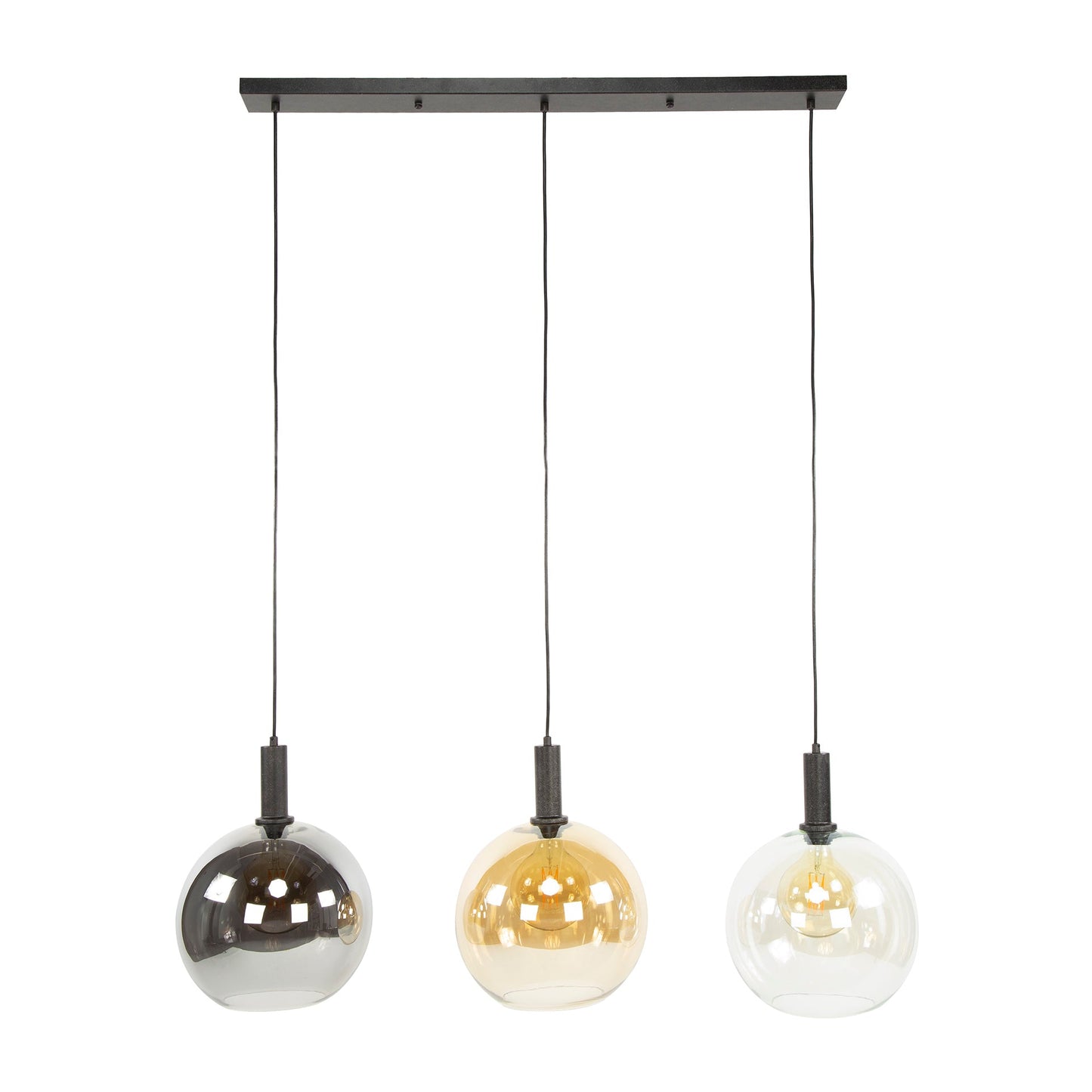 Seralis Pendelleuchte – 3 Glas-Schirme Chrom, Bernstein, Transparent