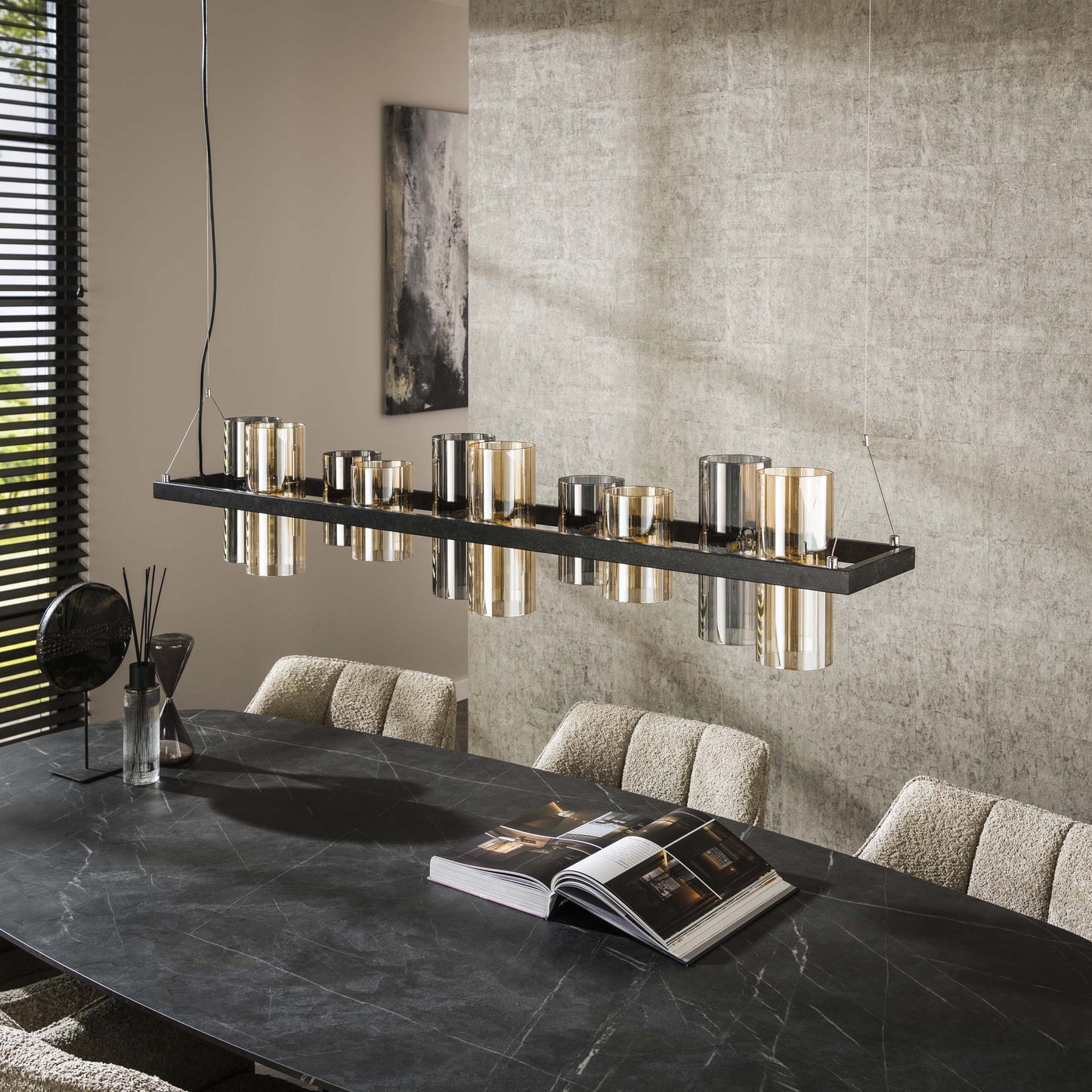 Calivon Pendelleuchte 10 Zylinderschirme Elegant Design Luxus Bernstein/Chrom