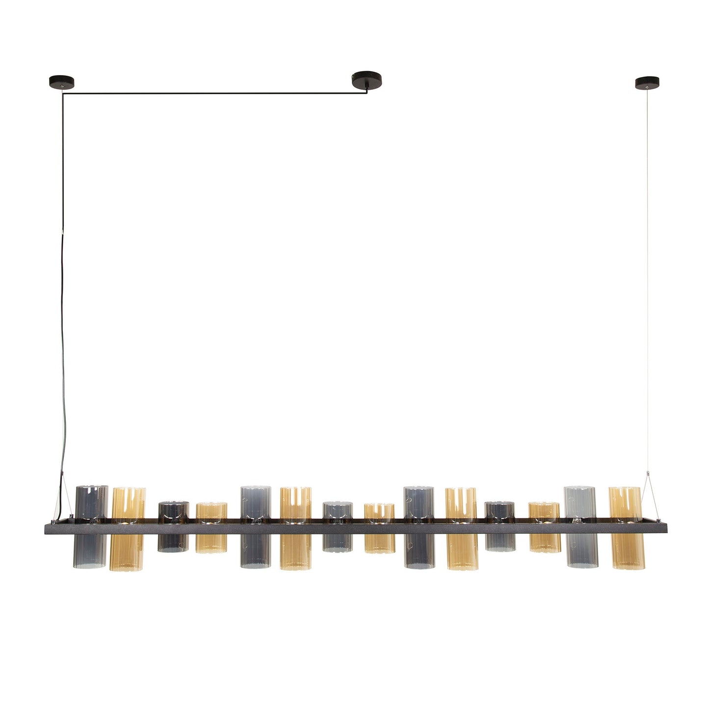 Luxusbetten24 Melvira Pendelleuchte 14 Zylindrische Glasschirme Bernstein/Chrom