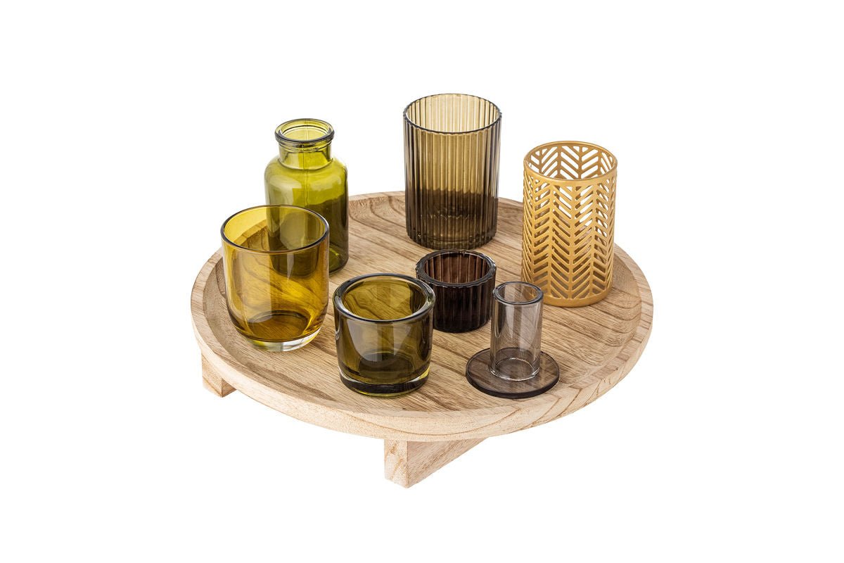 Luxusbetten24 Tablett Heidi – Glas & Holz, 8er-Set mit Teelichthaltern