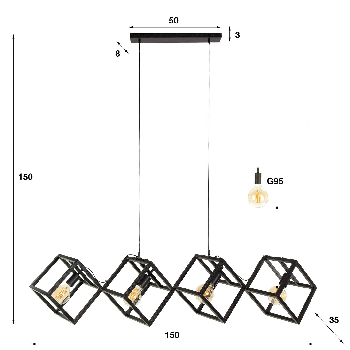 Luxusbetten24 Orlis Pendelleuchte 4‑Leuchten Cube‑Design in Modernem Anthrazit
