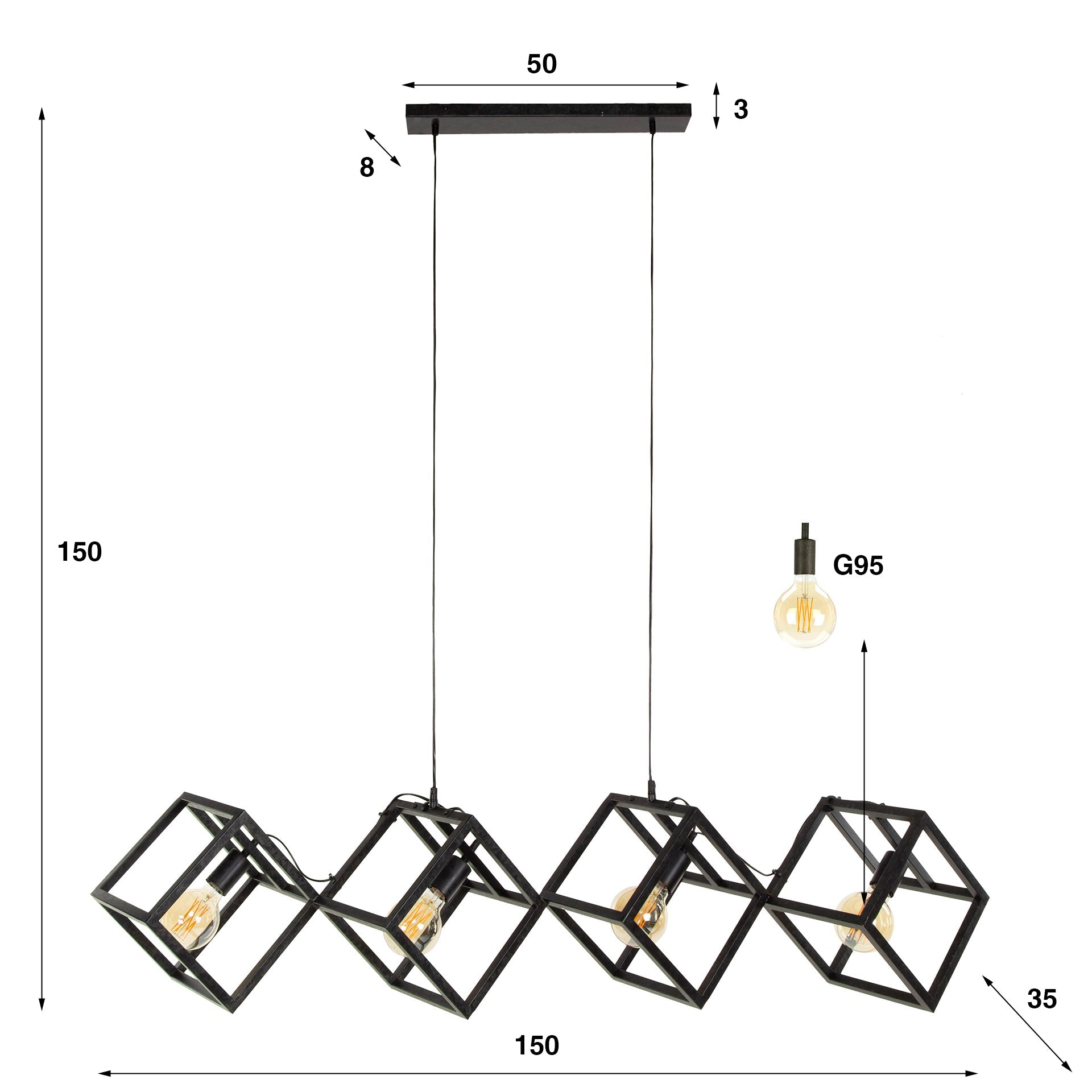Luxusbetten24 Orlis Pendelleuchte 4‑Leuchten Cube‑Design in Modernem Anthrazit