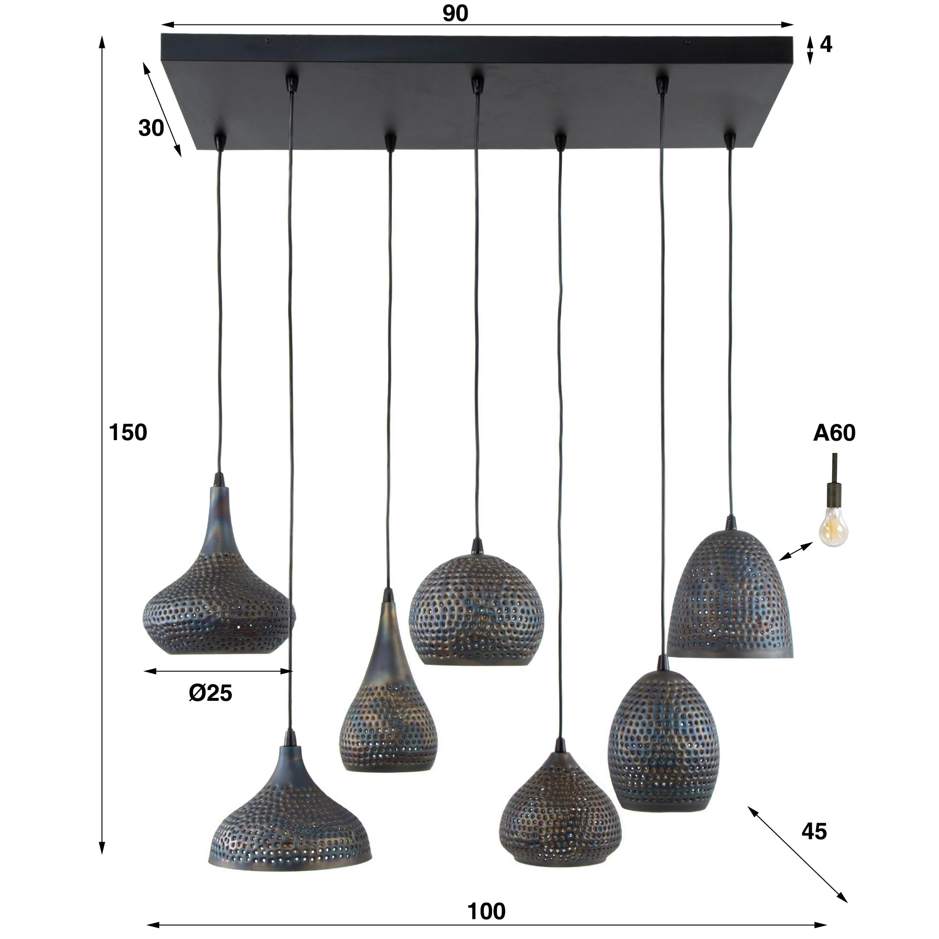 Pendelleuchte Lioris – Mit 7 Individuellen Lampenschirmen Aus Metall In Schwarz-Bronze