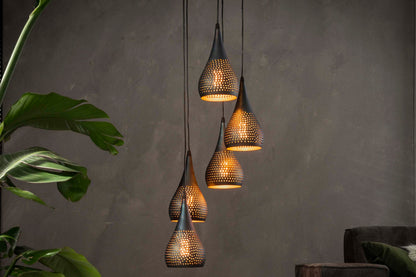 Luxusbetten24 Calira Pendelleuchte mit 5 Metall-Lampenschirmen Schwarz-Bronze