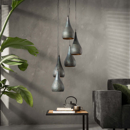 Luxusbetten24 Calira Pendelleuchte mit 5 Metall-Lampenschirmen Schwarz-Bronze