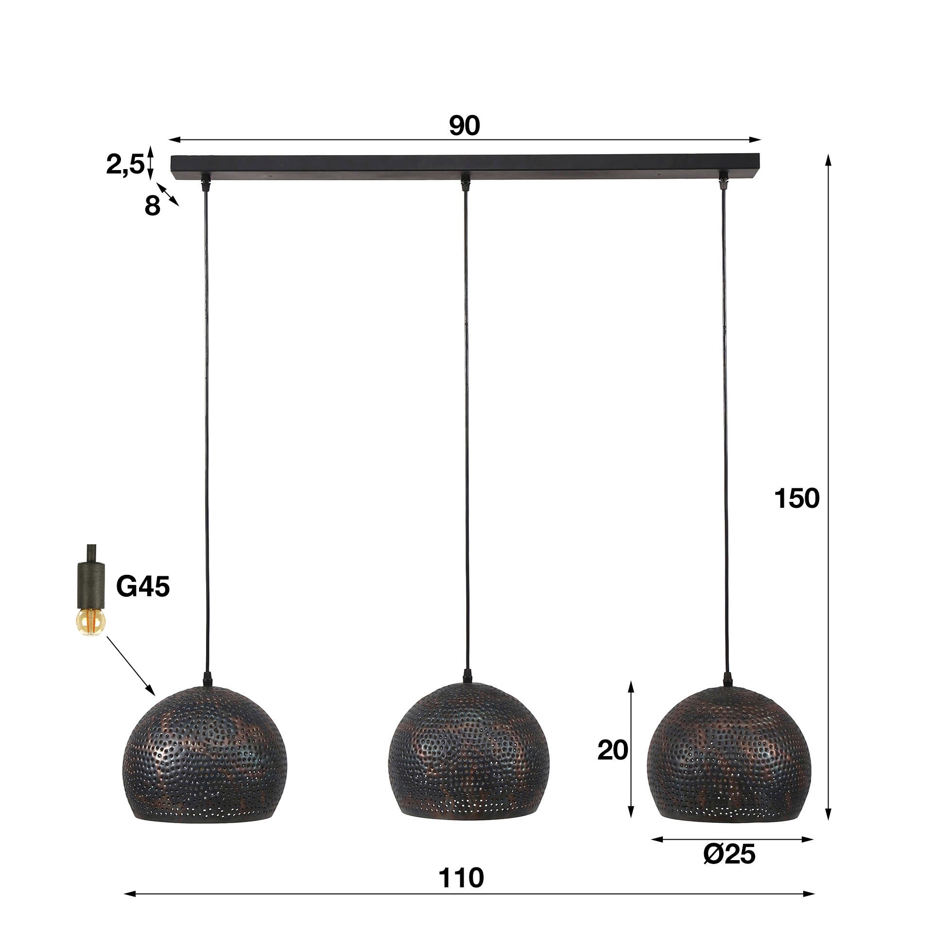 Veloria Pendelleuchte Mit 3 Perforierten Metalllampenschirmen In Schwarz-Bronze
