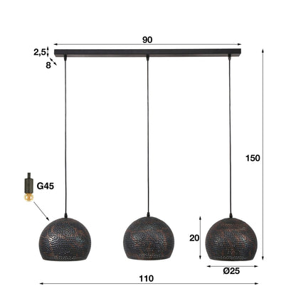 Veloria Pendelleuchte Mit 3 Perforierten Metalllampenschirmen In Schwarz-Bronze