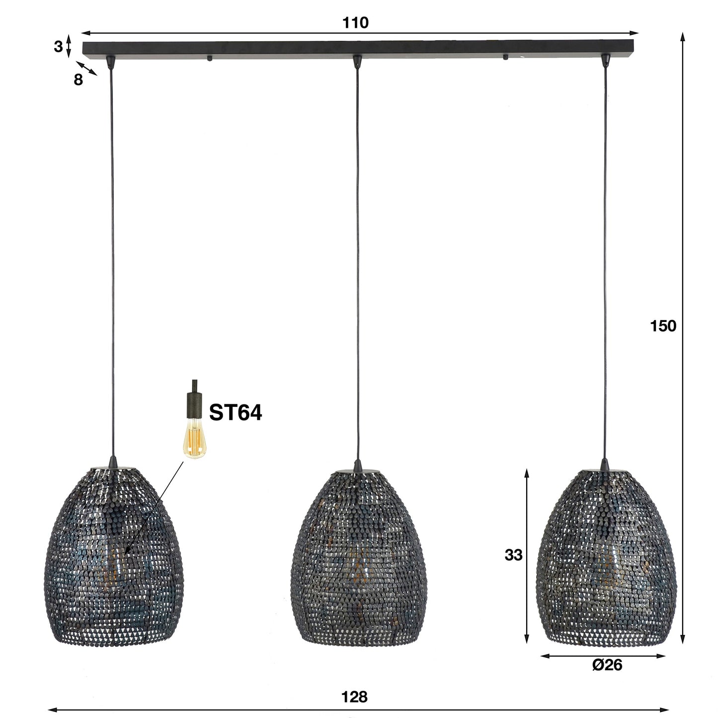 Luxusbetten24 Lumeya Pendelleuchte Schwarz-Bronze, 3 Perforierte Handgefertigte Metalllampenschirme