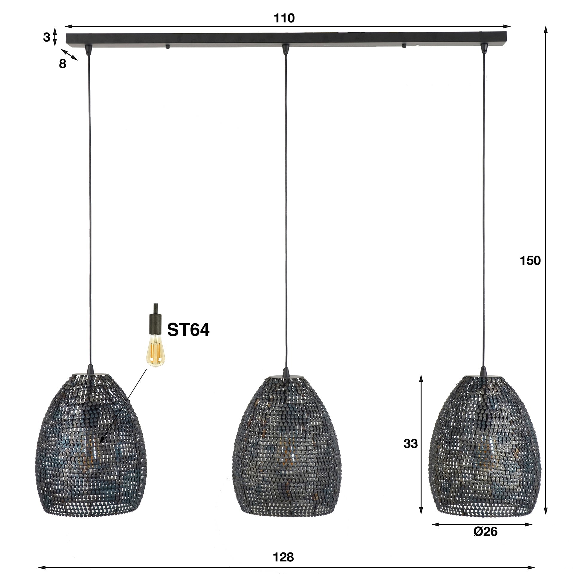Luxusbetten24 Lumeya Pendelleuchte Schwarz-Bronze, 3 Perforierte Handgefertigte Metalllampenschirme