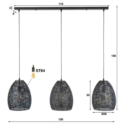 Luxusbetten24 Lumeya Pendelleuchte Schwarz-Bronze, 3 Perforierte Handgefertigte Metalllampenschirme