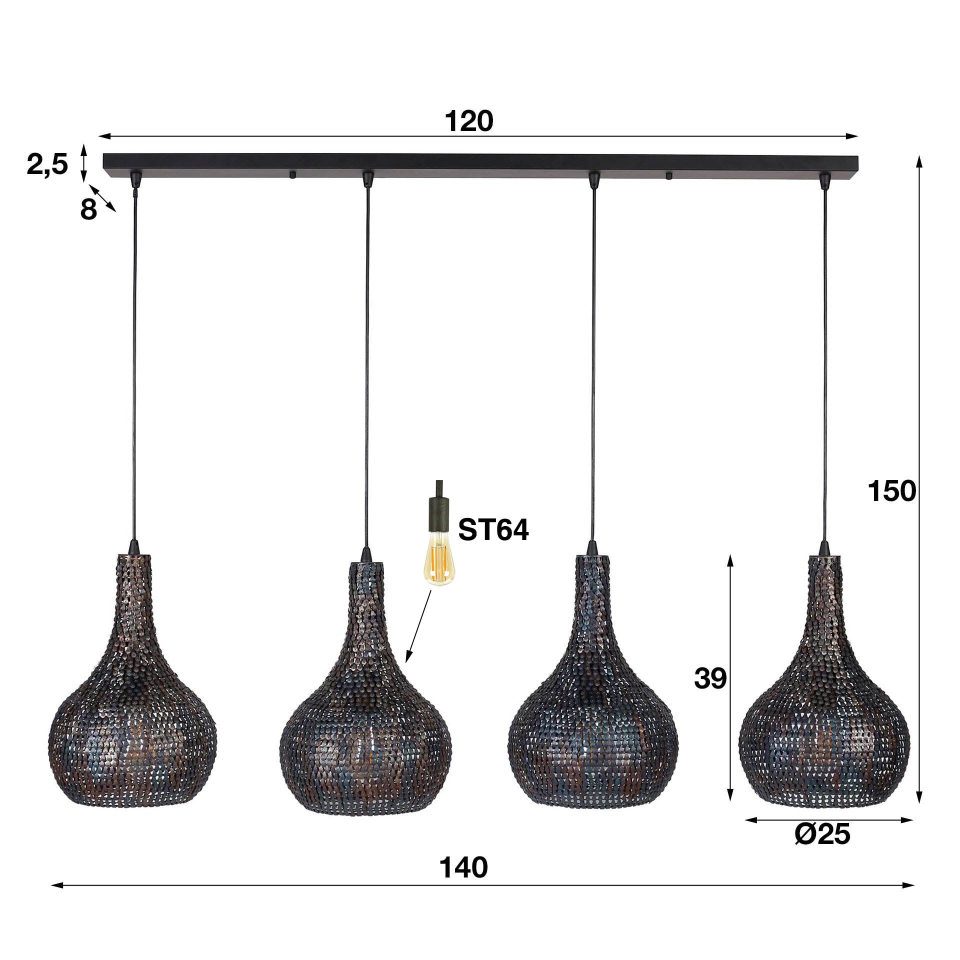 Luxusbetten24 Elviro Pendelleuchte Mit Vier Metalllampen Elegant Schwarz‑Bronze