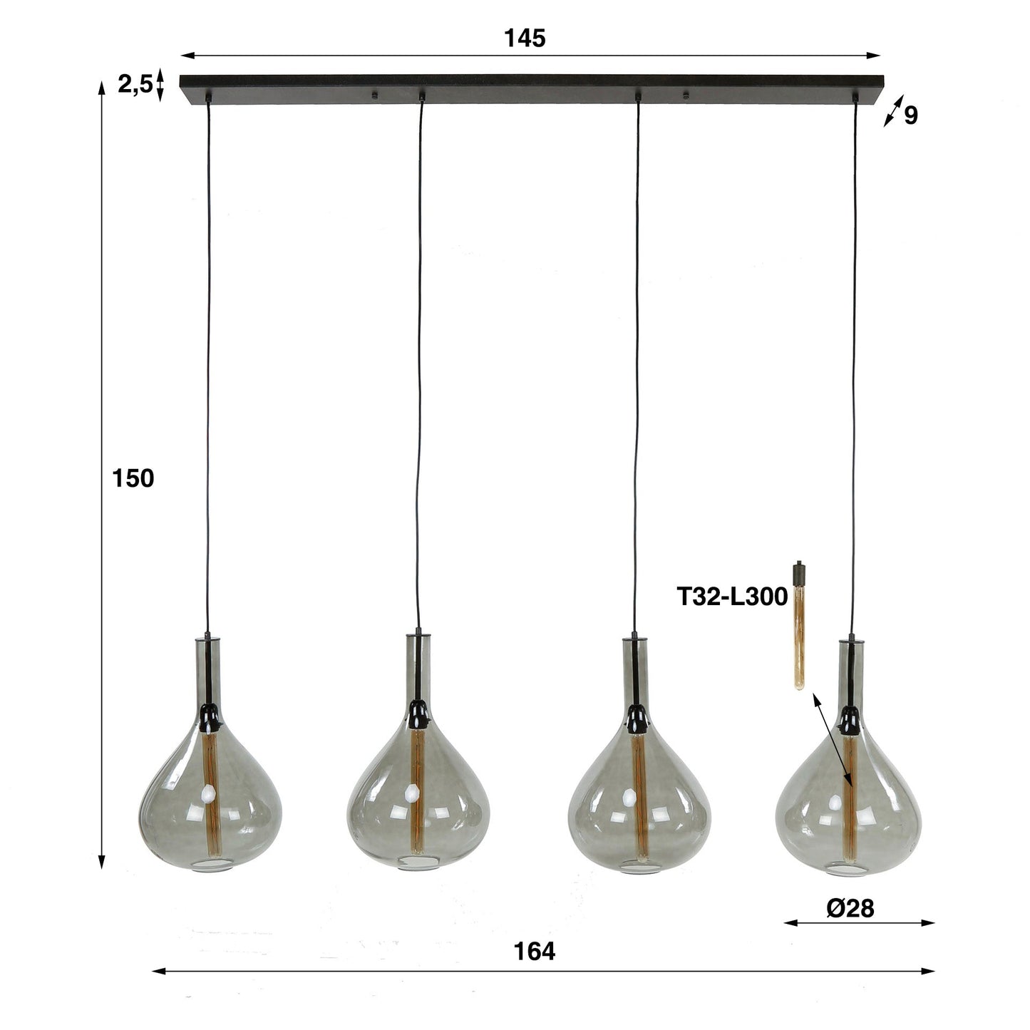 Noira Pendelleuchte Rauchglas-Schirme Artic Schwarz 4‑Flammig Design Modell