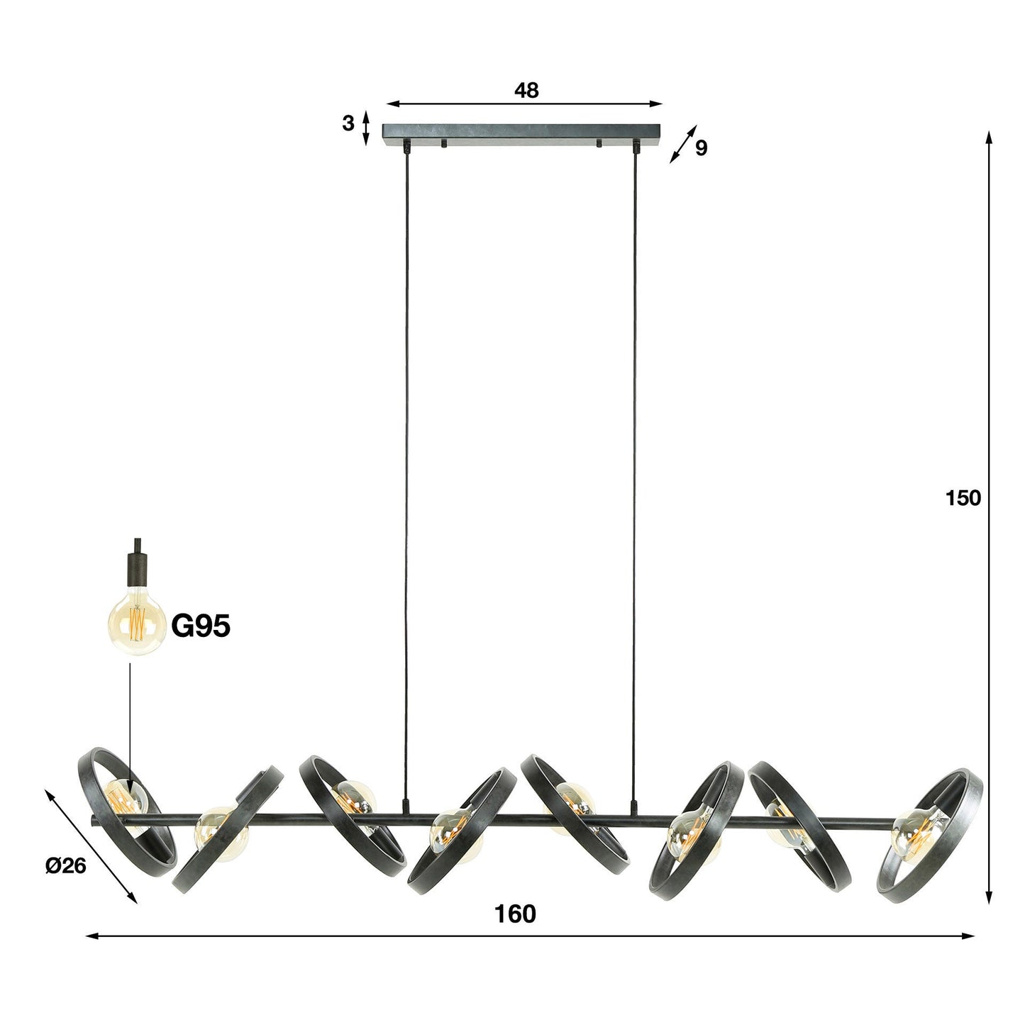 Pendelleuchte Arkon Octa – Offenes Metallrahmen-Design in Charcoal (8-flammig)