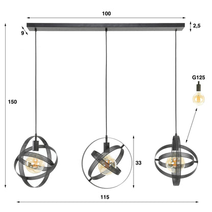 Pendelleuchte Astryx – Drehbares Ringdesign Schwarz 3‑Flammig