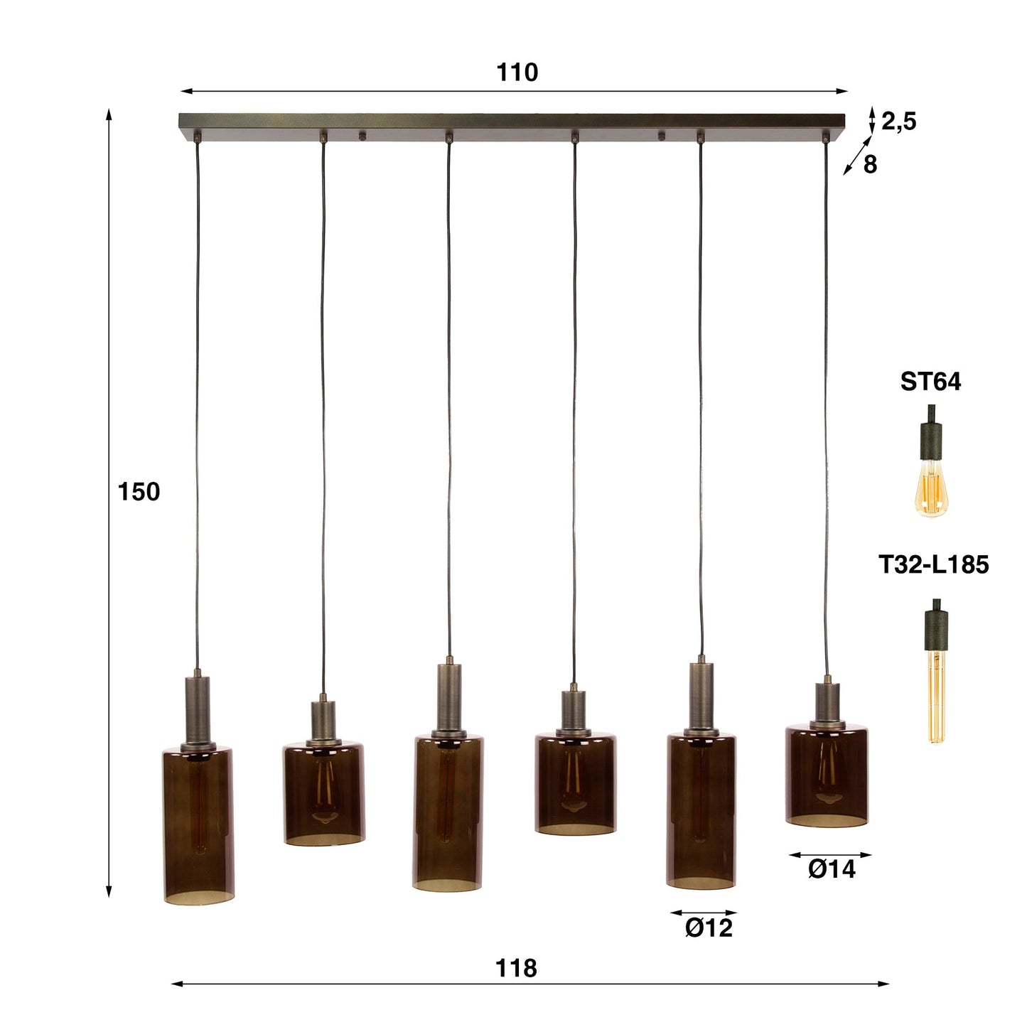 Luxusbetten24 Ayu Pendelleuchte, Moderne Zylinder Glasschirme, 6‑Flammig, Braun