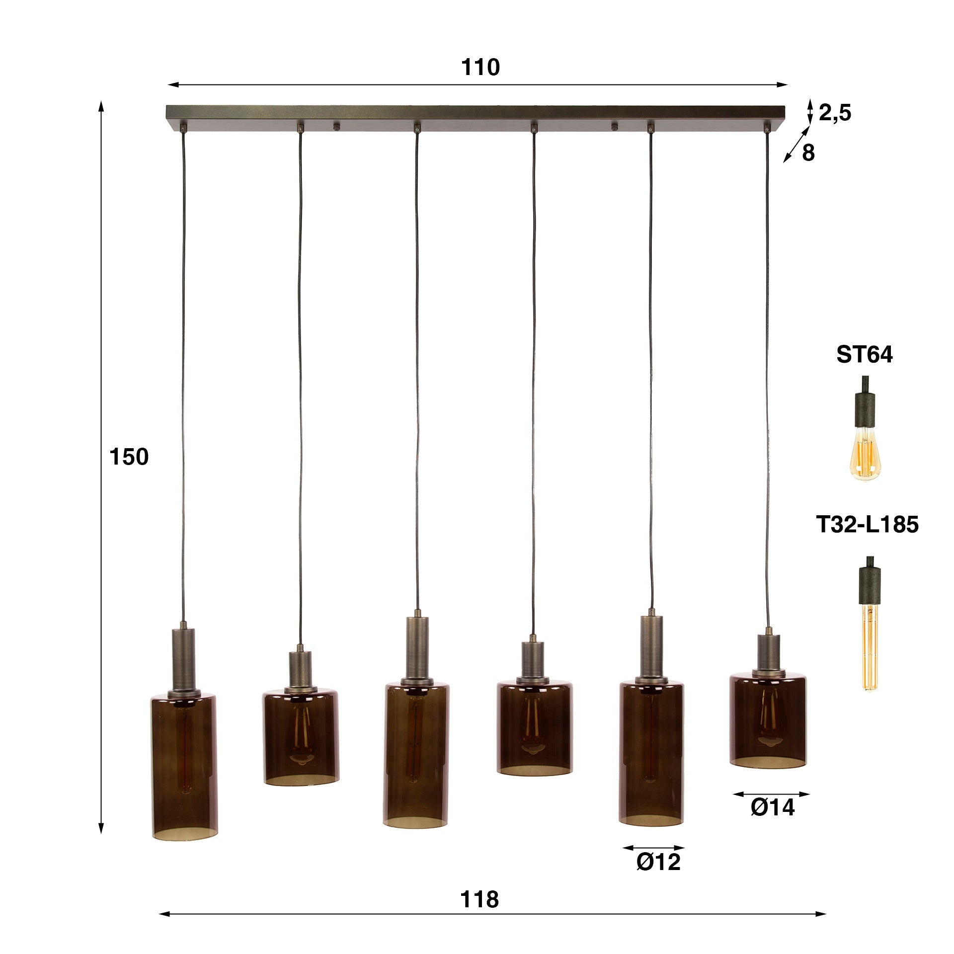 Luxusbetten24 Ayu Pendelleuchte, Moderne Zylinder Glasschirme, 6‑Flammig, Braun