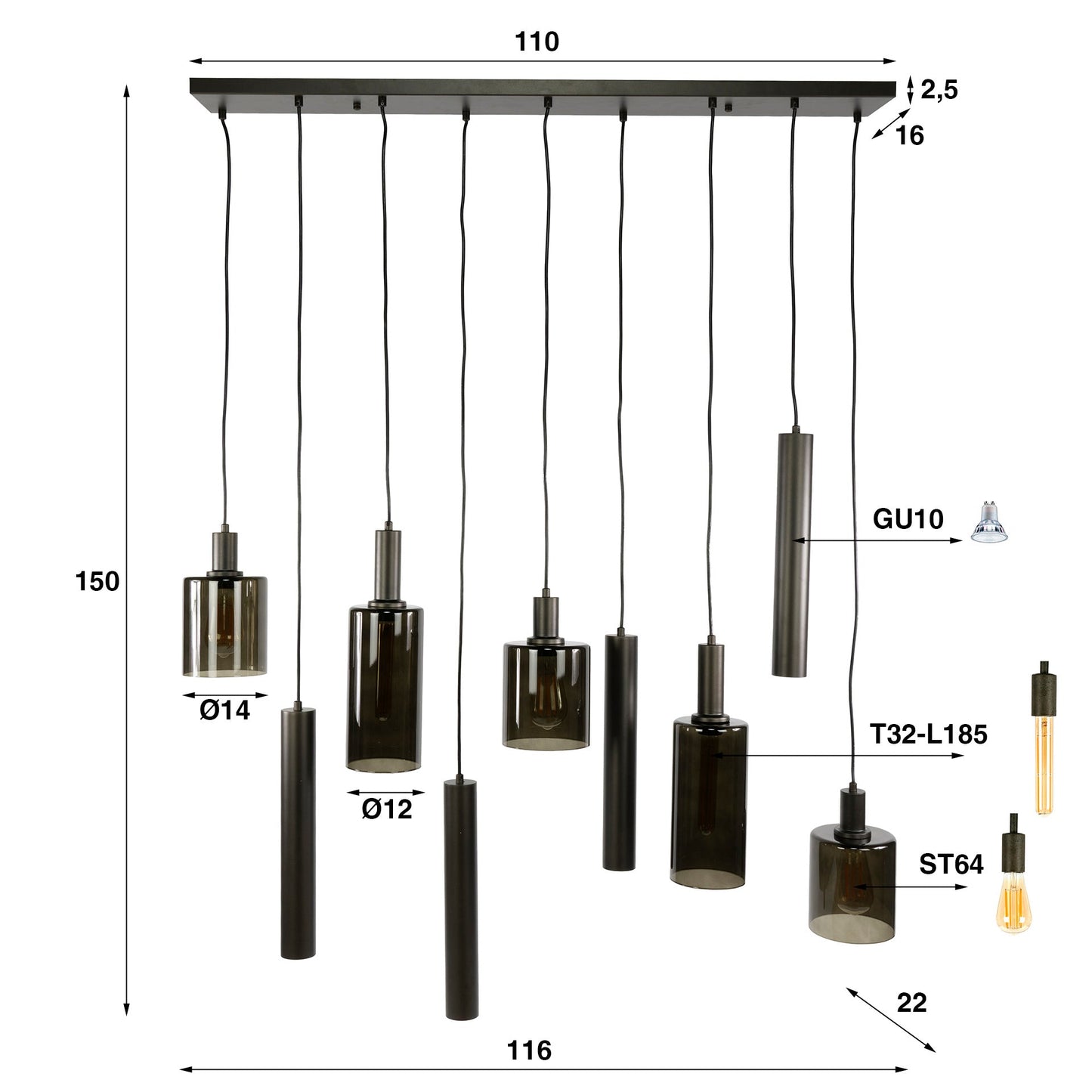 Pendelleuchte Ayu – Cluster-Design in Braun (9-flammig)