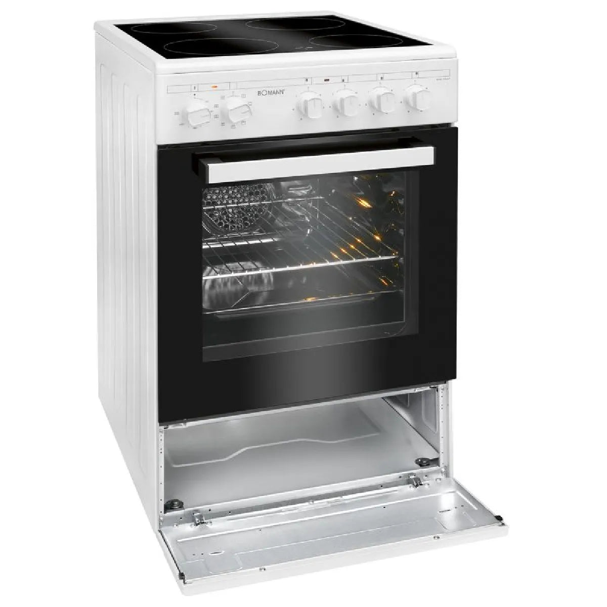 Bomann EHC7939 Cocina Vitrocerámica Blanca 4 Quemadores Horno 43L